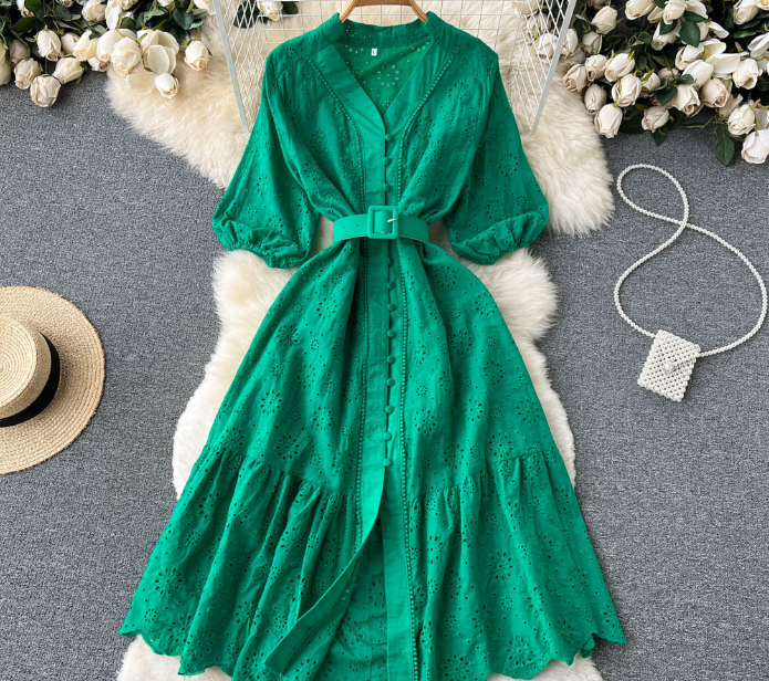 V-neck Hollow Dress Women's Puff Sleeve