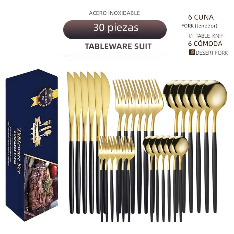 Cross-border supply stainless steel knife and fork 30-piece Portuguese tableware set Golden creative Western-style steak knife and fork spoon