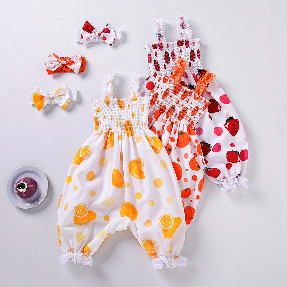 Cross-border children's clothing newborn fruit printed clothes baby bow lace baby sling bloomers girl's set