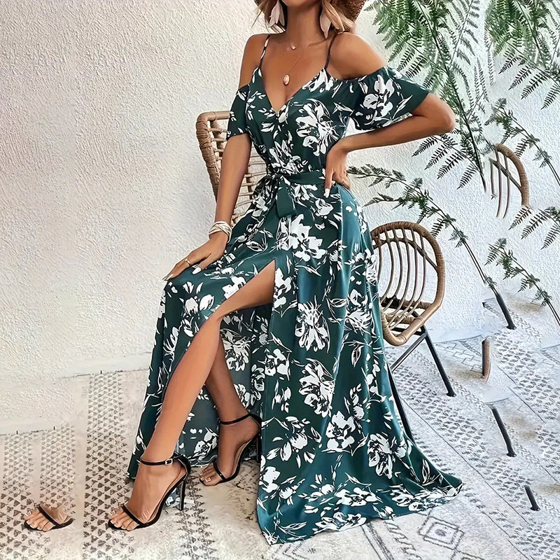 Women's Floral Maxi Dress Cold Shoulder Split Belted A Line Long Summer Dress