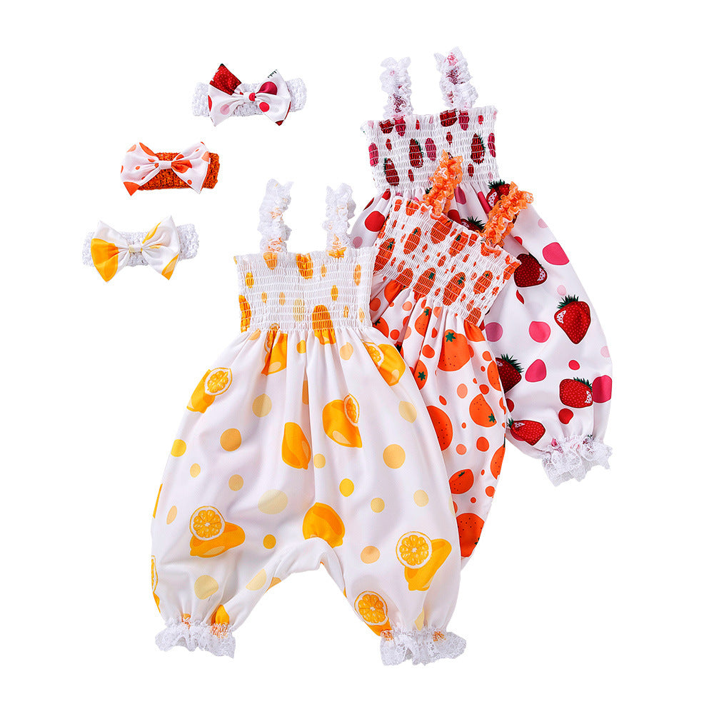 Cross-border children's clothing newborn fruit printed clothes baby bow lace baby sling bloomers girl's set