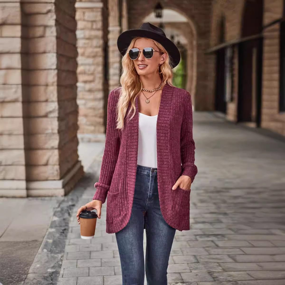 2023 cross-border Autumn New Amazon popular solid color pit brushed casual stitching long sleeve cardigan jacket
