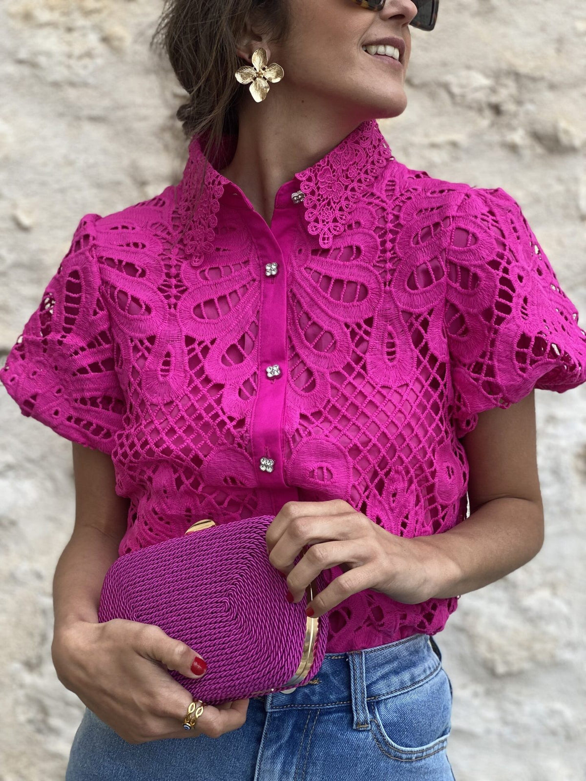 Cross-border 2023 European and American foreign trade independent station AliExpress fashion lace cardigan hollow lace collar bubble sleeve shirt