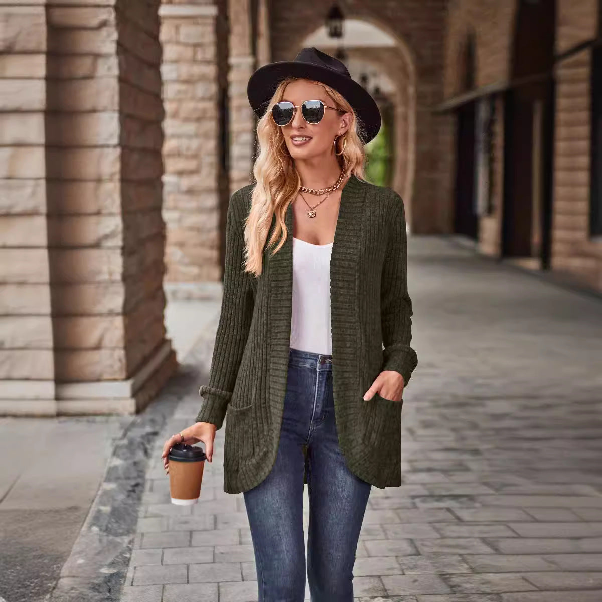 2023 cross-border Autumn New Amazon popular solid color pit brushed casual stitching long sleeve cardigan jacket