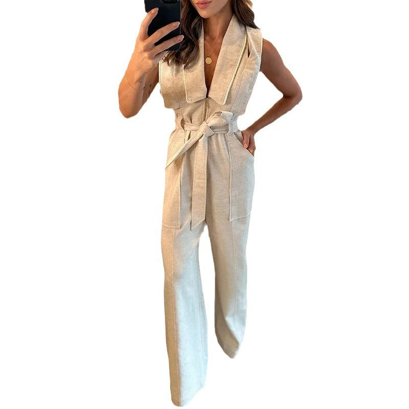 2023 foreign trade cross-border European and American Amazon summer new fashion polo collar waist solid color wide leg jumpsuit for women