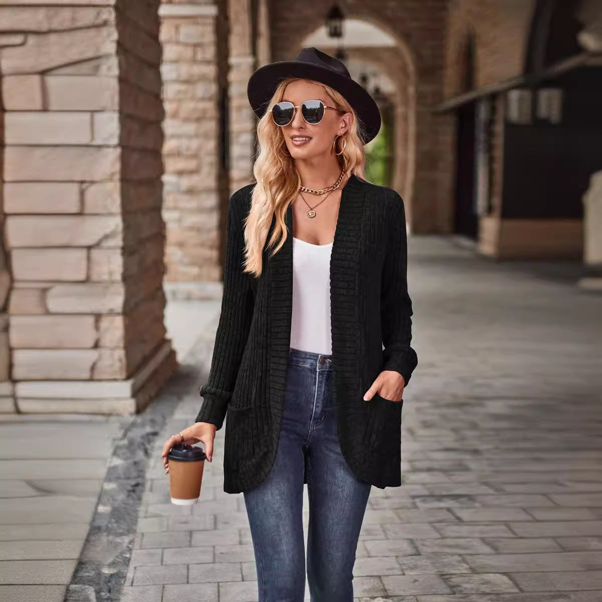2023 cross-border Autumn New Amazon popular solid color pit brushed casual stitching long sleeve cardigan jacket
