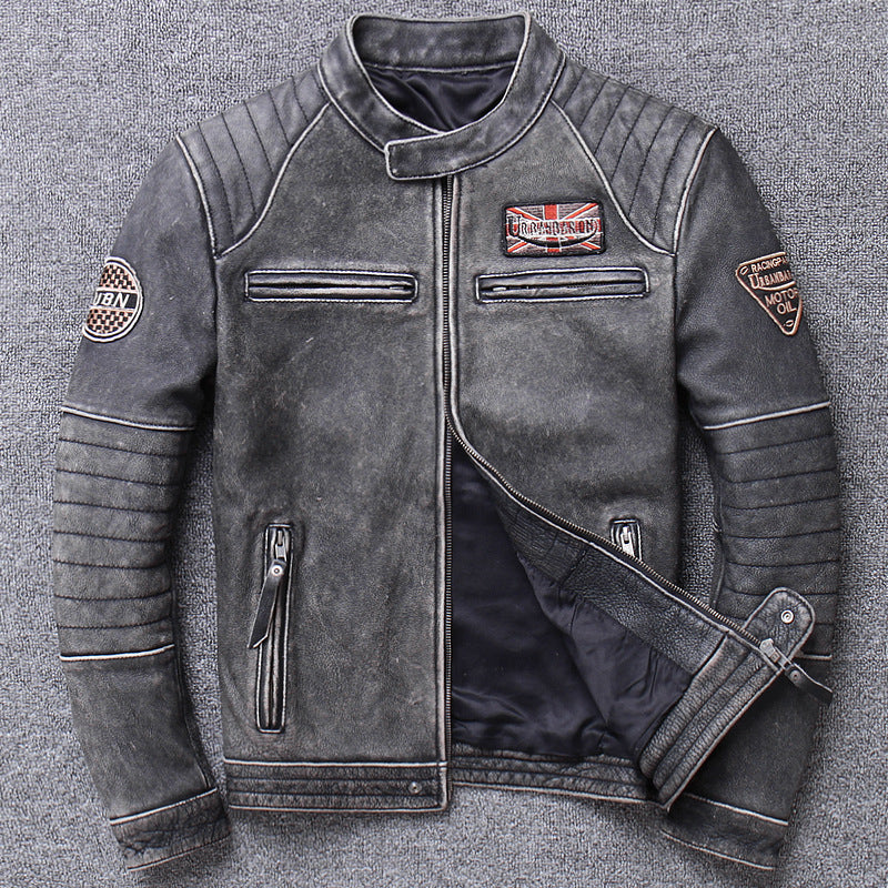 Genuine Leather Jacket Men's American-style Harley Motorcycle Suit Vertical Collar Short Slim-fit Old Motorcycle Leather Jacket Coat Cross-border