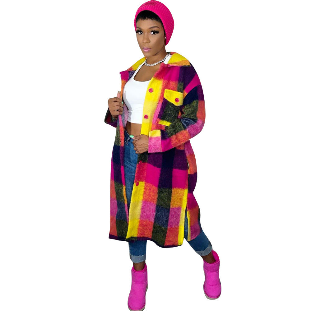 European and American Cross-border Winter Fashion Color Contrast Color Plaid Mid-length Elegant Commuter Split Coat for Women