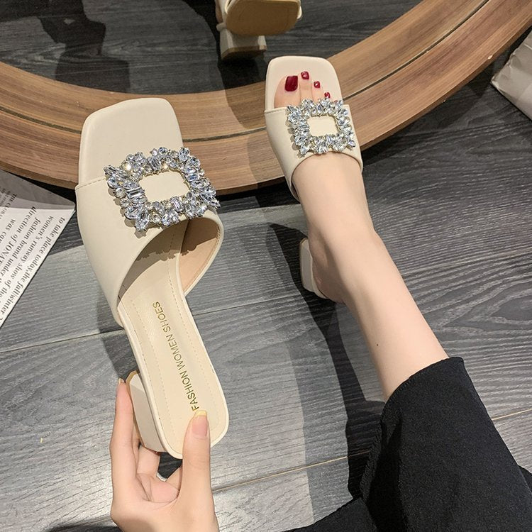 2023 summer new large size thick heel slippers women's outer wear square head one-word rhinestone square buckle medium heel sandals wholesale
