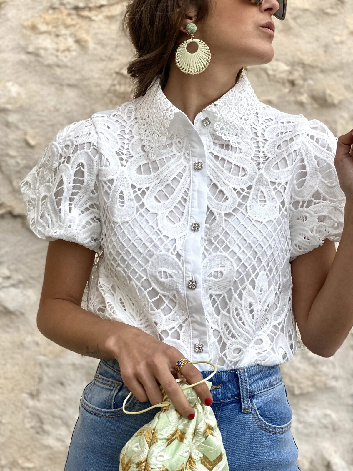 Cross-border 2023 European and American foreign trade independent station AliExpress fashion lace cardigan hollow lace collar bubble sleeve shirt