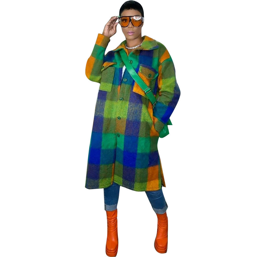 European and American Cross-border Winter Fashion Color Contrast Color Plaid Mid-length Elegant Commuter Split Coat for Women