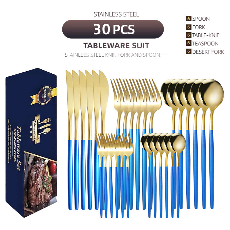 Cross-border supply stainless steel knife and fork 30-piece Portuguese tableware set Golden creative Western-style steak knife and fork spoon