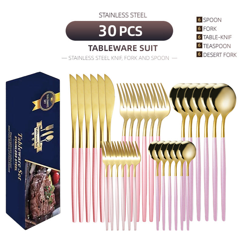 Cross-border supply stainless steel knife and fork 30-piece Portuguese tableware set Golden creative Western-style steak knife and fork spoon