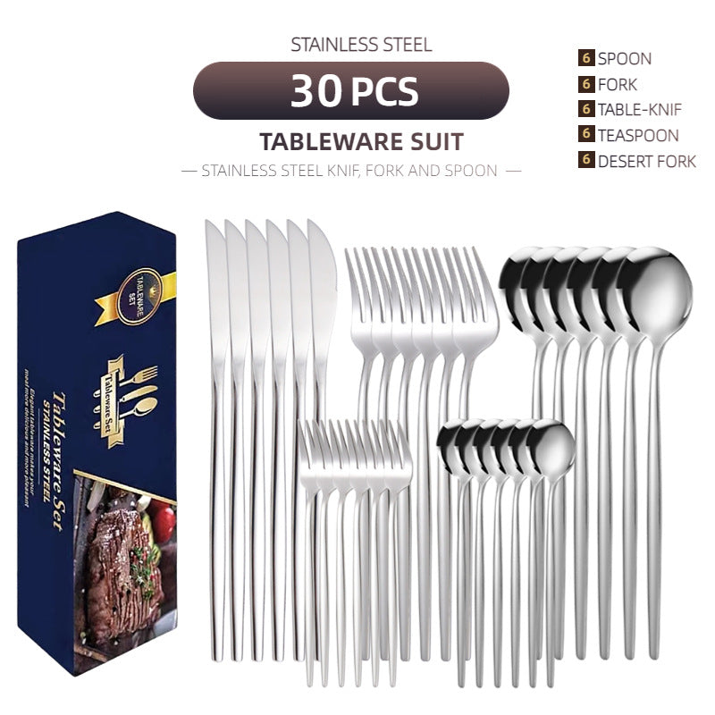 Cross-border supply stainless steel knife and fork 30-piece Portuguese tableware set Golden creative Western-style steak knife and fork spoon