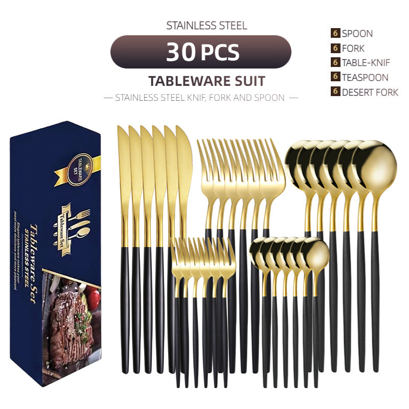 Cross-border supply stainless steel knife and fork 30-piece Portuguese tableware set Golden creative Western-style steak knife and fork spoon