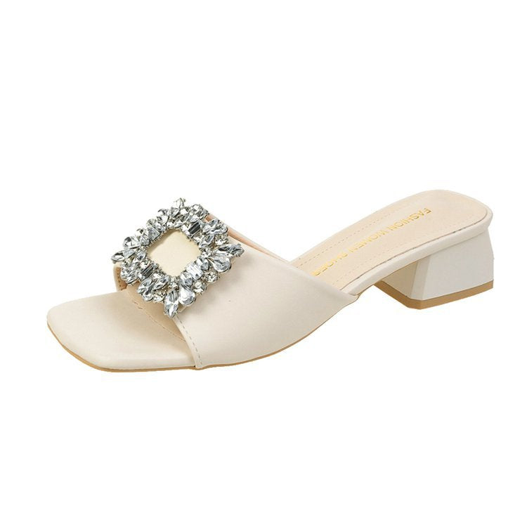 2023 summer new large size thick heel slippers women's outer wear square head one-word rhinestone square buckle medium heel sandals wholesale