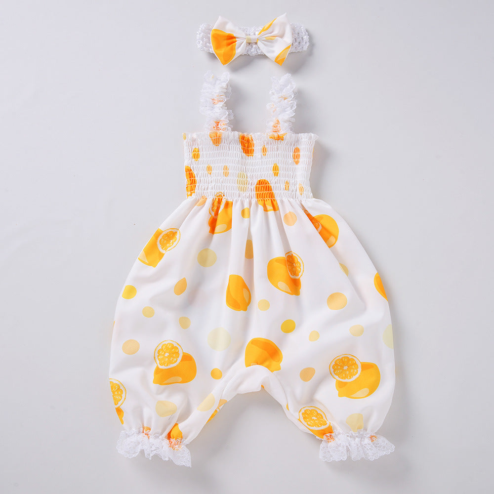 Cross-border children's clothing newborn fruit printed clothes baby bow lace baby sling bloomers girl's set