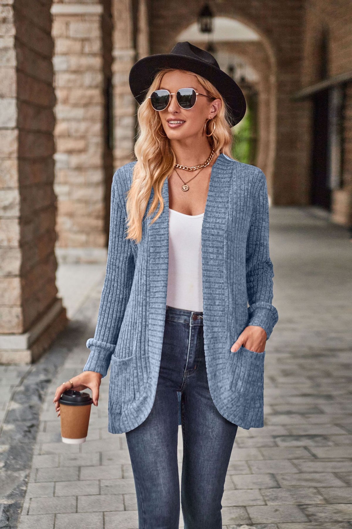2023 cross-border Autumn New Amazon popular solid color pit brushed casual stitching long sleeve cardigan jacket