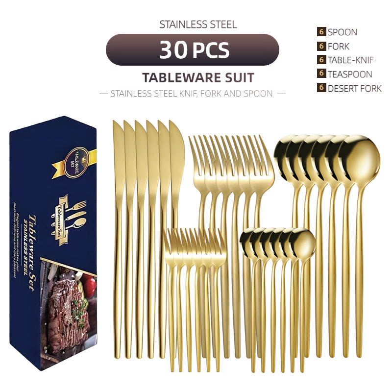Cross-border supply stainless steel knife and fork 30-piece Portuguese tableware set Golden creative Western-style steak knife and fork spoon