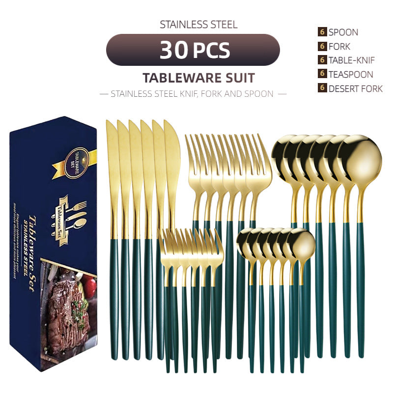 Cross-border supply stainless steel knife and fork 30-piece Portuguese tableware set Golden creative Western-style steak knife and fork spoon
