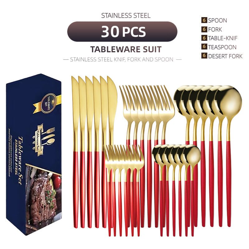 Cross-border supply stainless steel knife and fork 30-piece Portuguese tableware set Golden creative Western-style steak knife and fork spoon