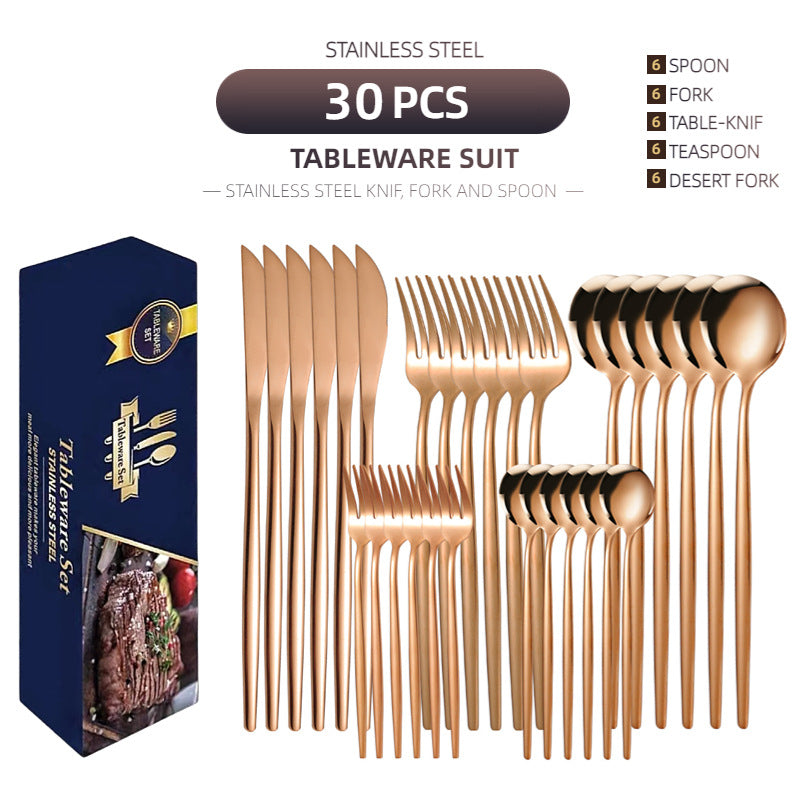 Cross-border supply stainless steel knife and fork 30-piece Portuguese tableware set Golden creative Western-style steak knife and fork spoon