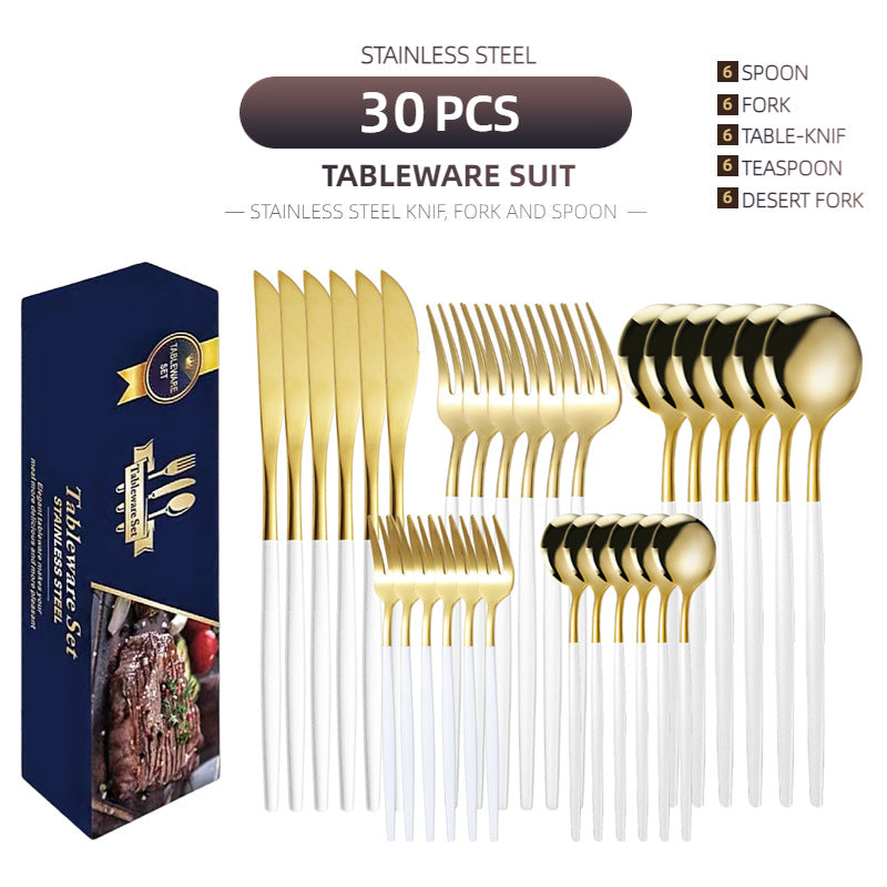 Cross-border supply stainless steel knife and fork 30-piece Portuguese tableware set Golden creative Western-style steak knife and fork spoon