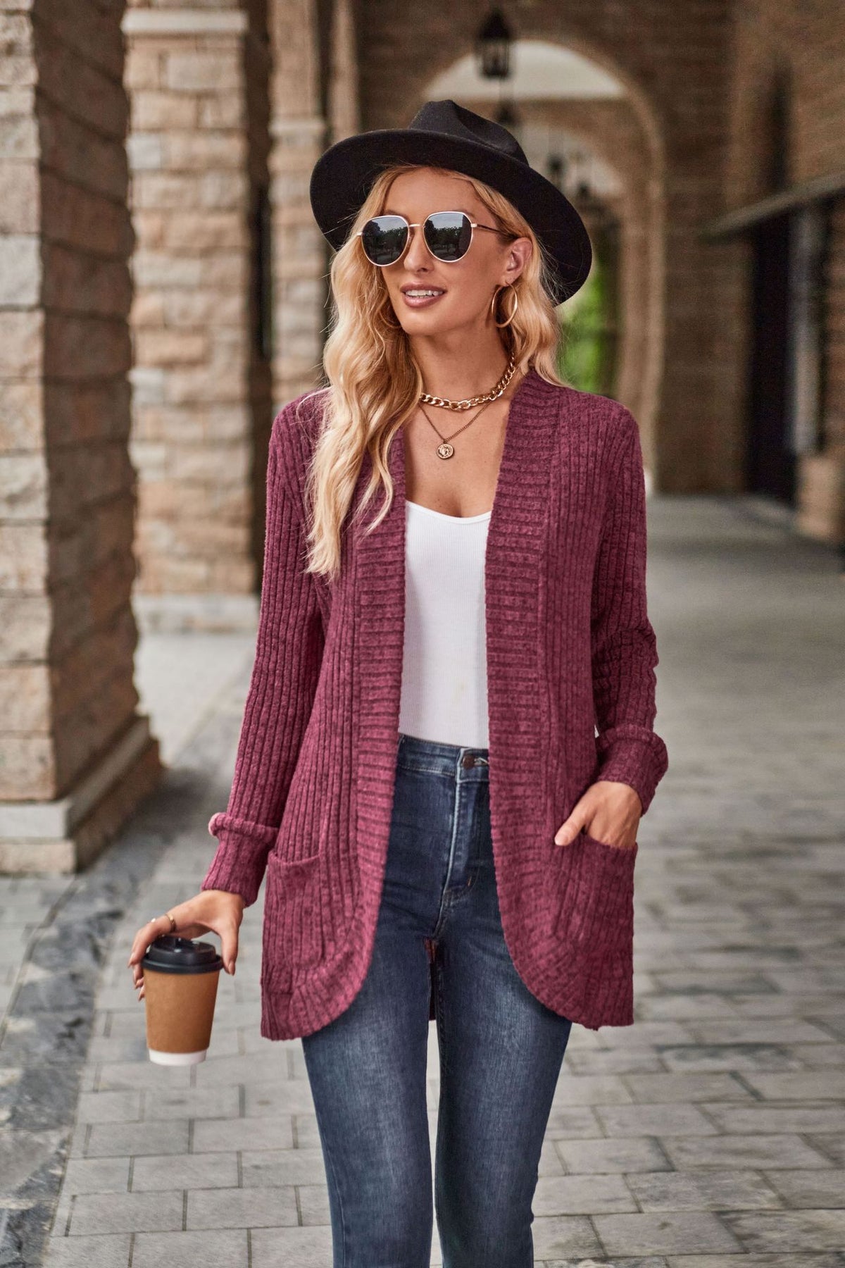 2023 cross-border Autumn New Amazon popular solid color pit brushed casual stitching long sleeve cardigan jacket
