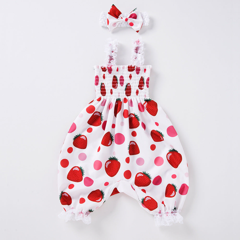 Cross-border children's clothing newborn fruit printed clothes baby bow lace baby sling bloomers girl's set