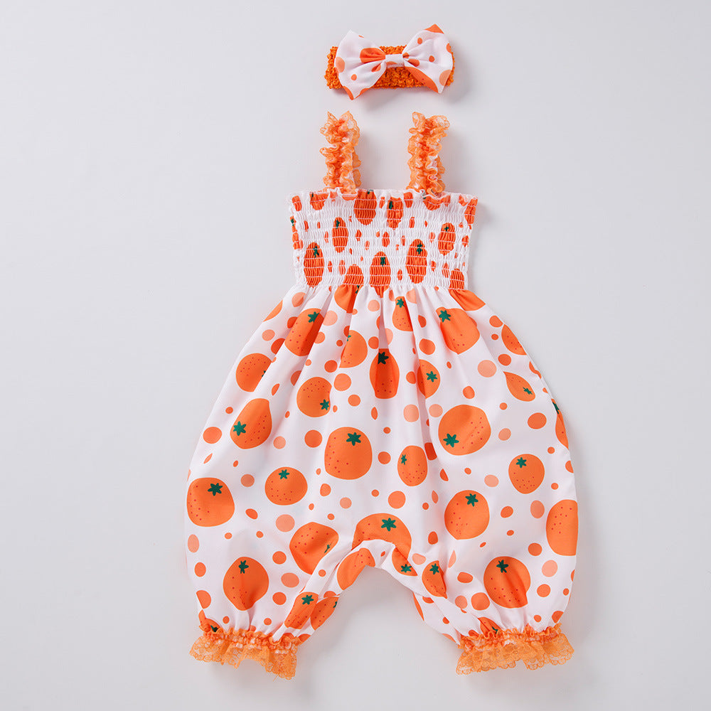 Cross-border children's clothing newborn fruit printed clothes baby bow lace baby sling bloomers girl's set