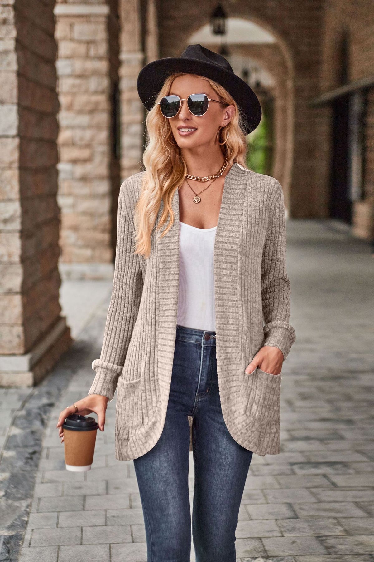 2023 cross-border Autumn New Amazon popular solid color pit brushed casual stitching long sleeve cardigan jacket
