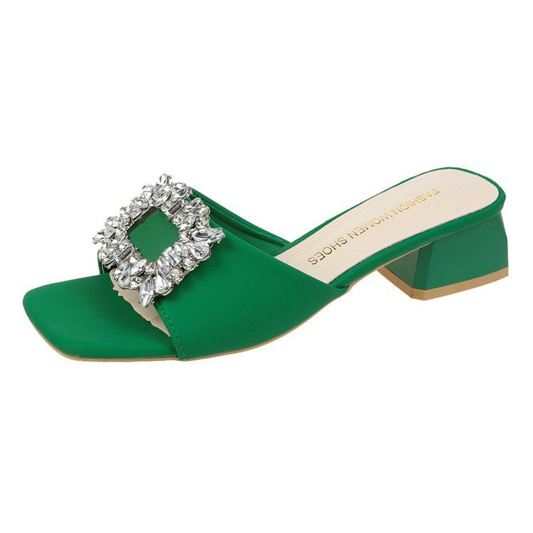 2023 summer new large size thick heel slippers women's outer wear square head one-word rhinestone square buckle medium heel sandals wholesale