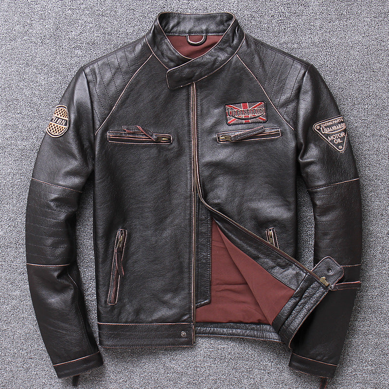 Genuine Leather Jacket Men's American-style Harley Motorcycle Suit Vertical Collar Short Slim-fit Old Motorcycle Leather Jacket Coat Cross-border