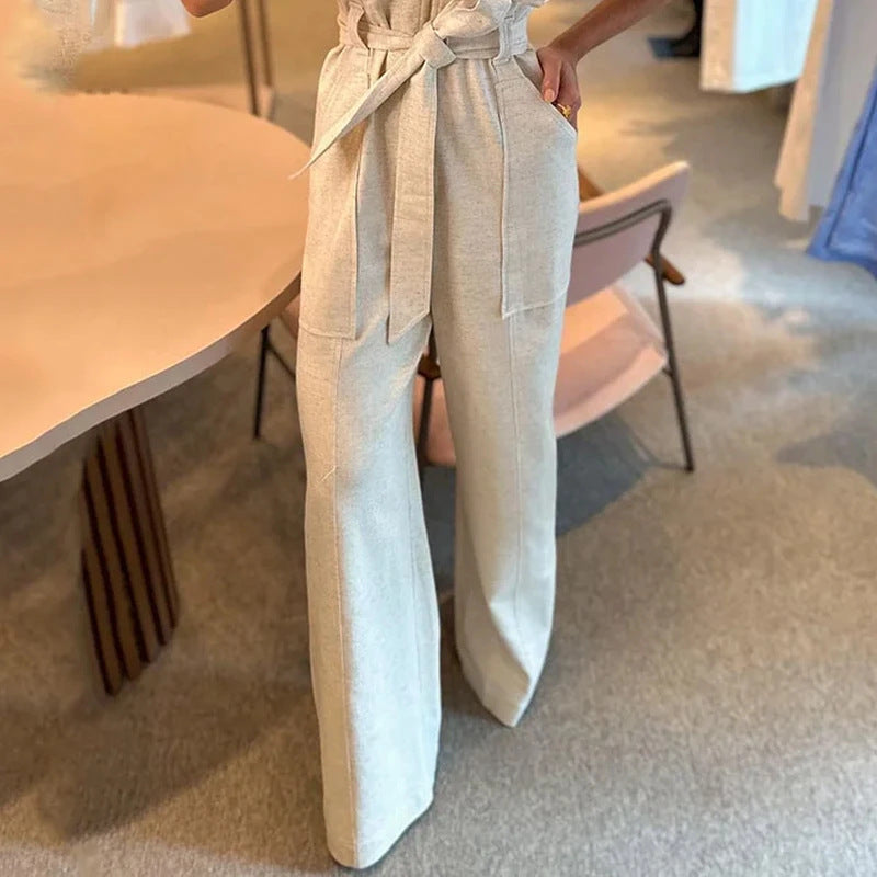 2023 foreign trade cross-border European and American Amazon summer new fashion polo collar waist solid color wide leg jumpsuit for women