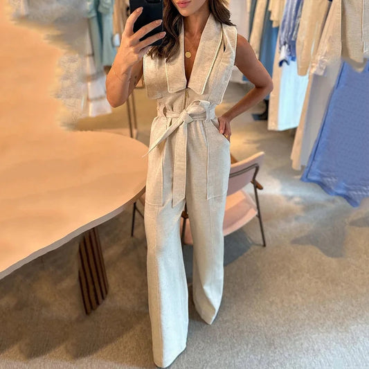 2023 foreign trade cross-border European and American Amazon summer new fashion polo collar waist solid color wide leg jumpsuit for women