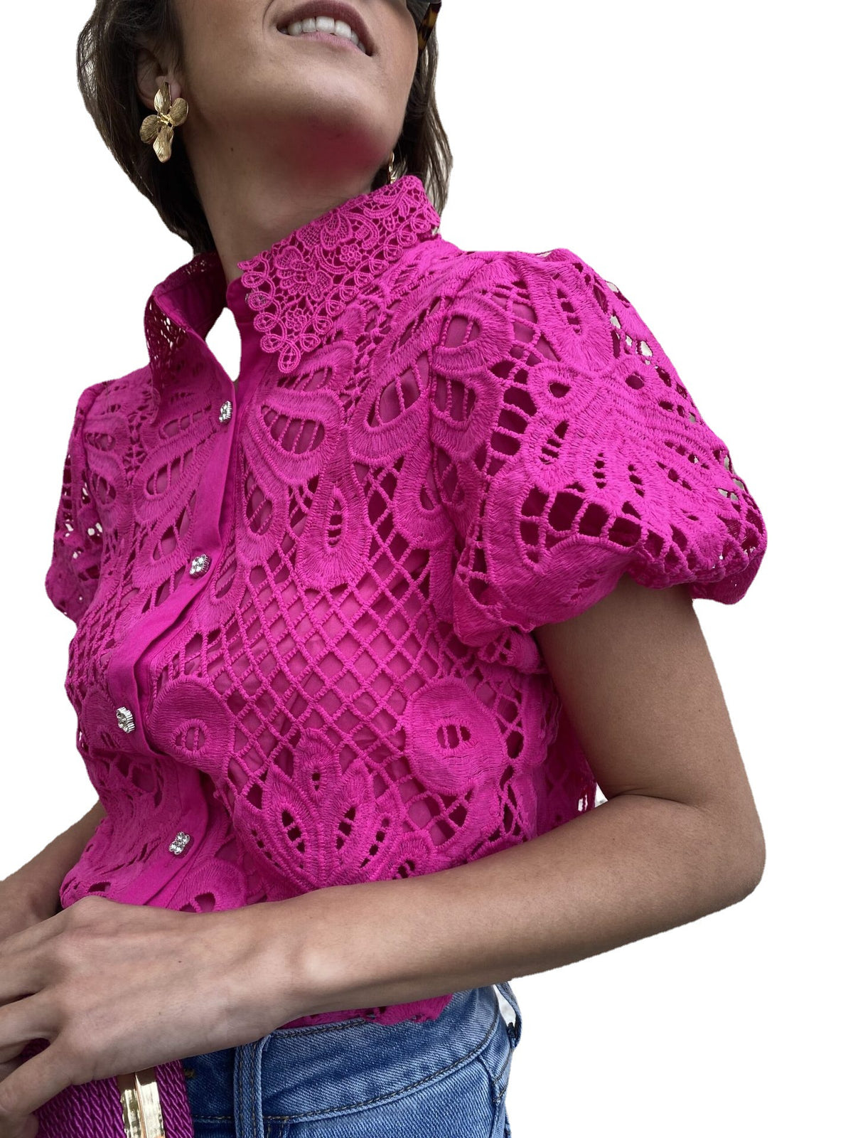 Cross-border 2023 European and American foreign trade independent station AliExpress fashion lace cardigan hollow lace collar bubble sleeve shirt