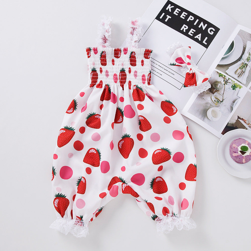 Cross-border children's clothing newborn fruit printed clothes baby bow lace baby sling bloomers girl's set