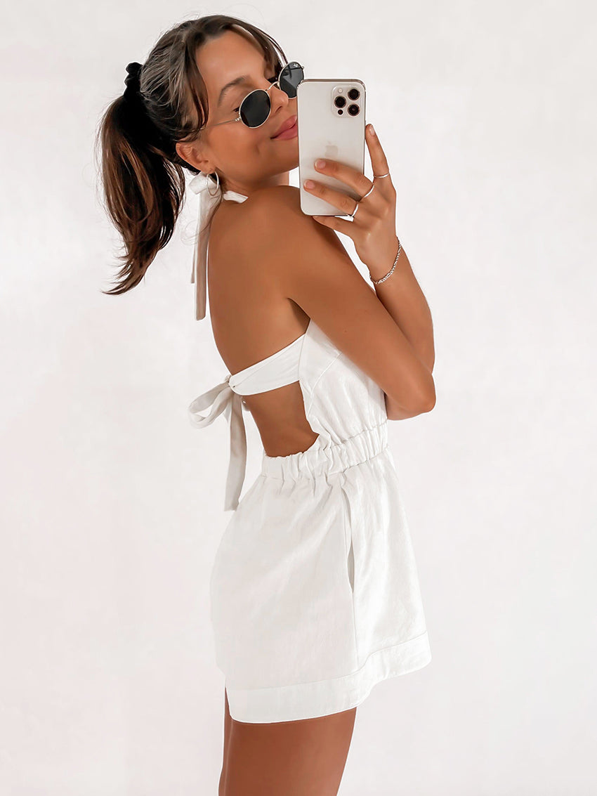 2023 Summer Vacation Playsuits Backless Halter Lace Up 100% Cotton Beach Jumpsuit Hollow Elastic Waist Wide Shorts Overalls Lady