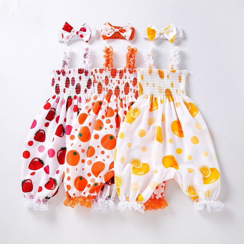 Cross-border children's clothing newborn fruit printed clothes baby bow lace baby sling bloomers girl's set