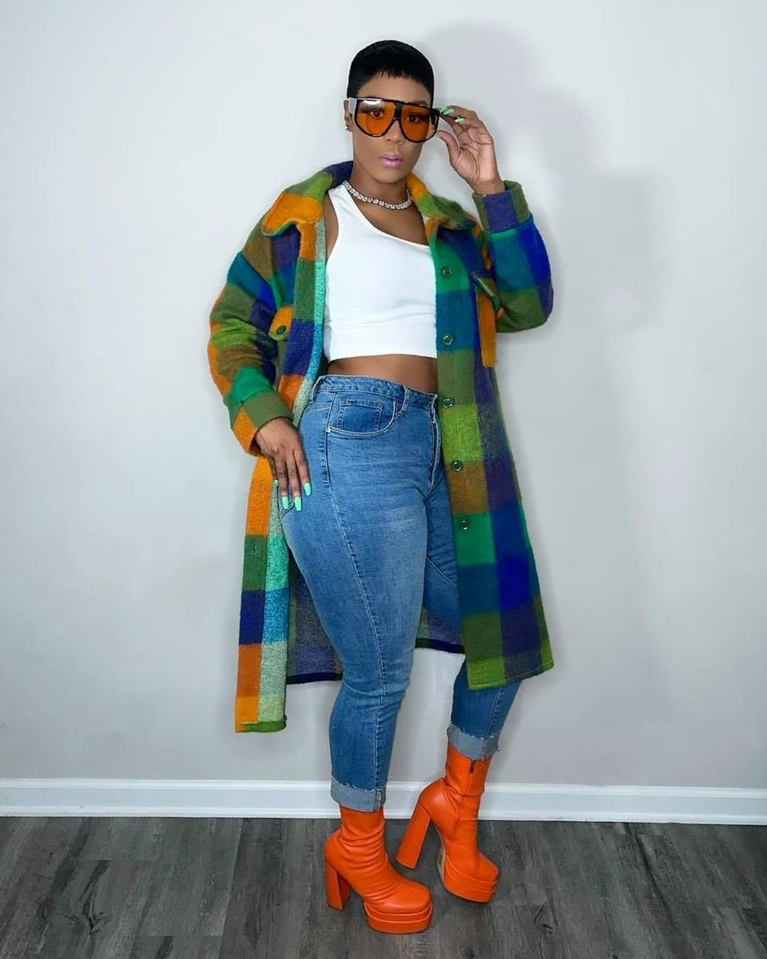 European and American Cross-border Winter Fashion Color Contrast Color Plaid Mid-length Elegant Commuter Split Coat for Women