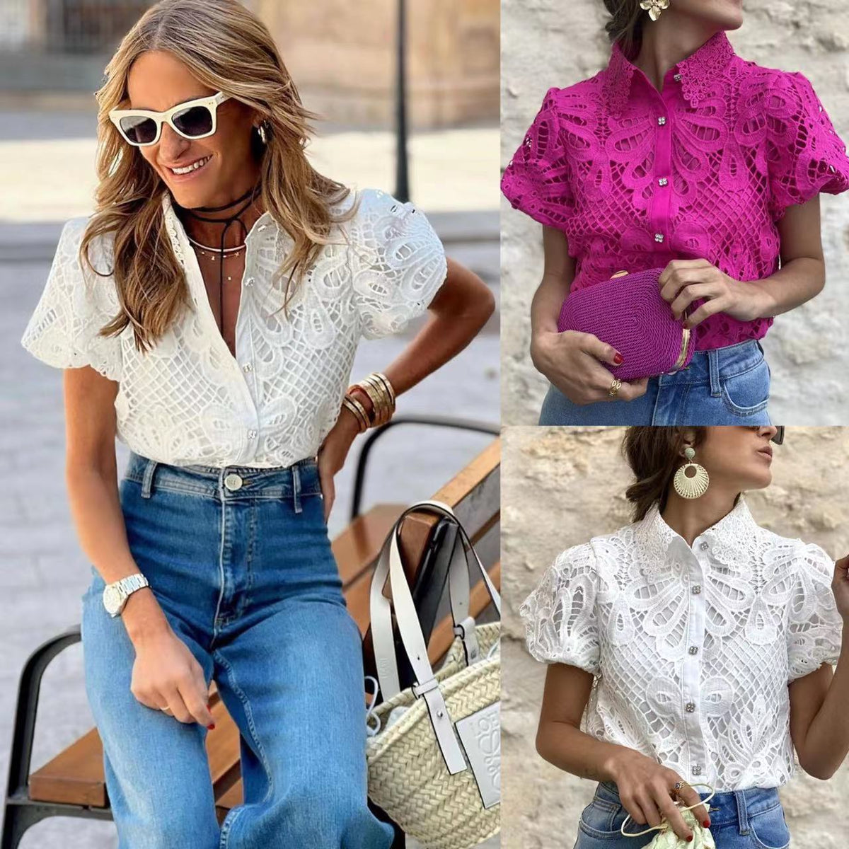 Cross-border 2023 European and American foreign trade independent station AliExpress fashion lace cardigan hollow lace collar bubble sleeve shirt