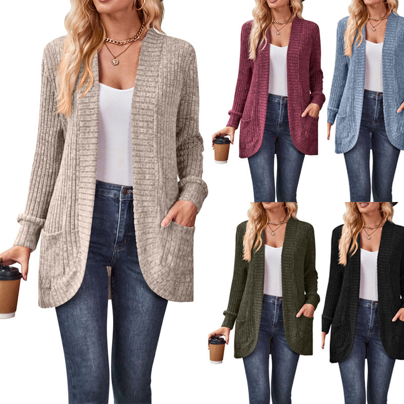 2023 cross-border Autumn New Amazon popular solid color pit brushed casual stitching long sleeve cardigan jacket