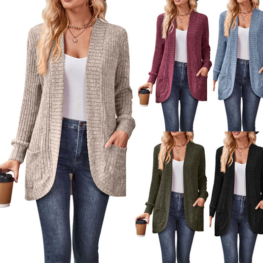 2023 cross-border Autumn New Amazon popular solid color pit brushed casual stitching long sleeve cardigan jacket
