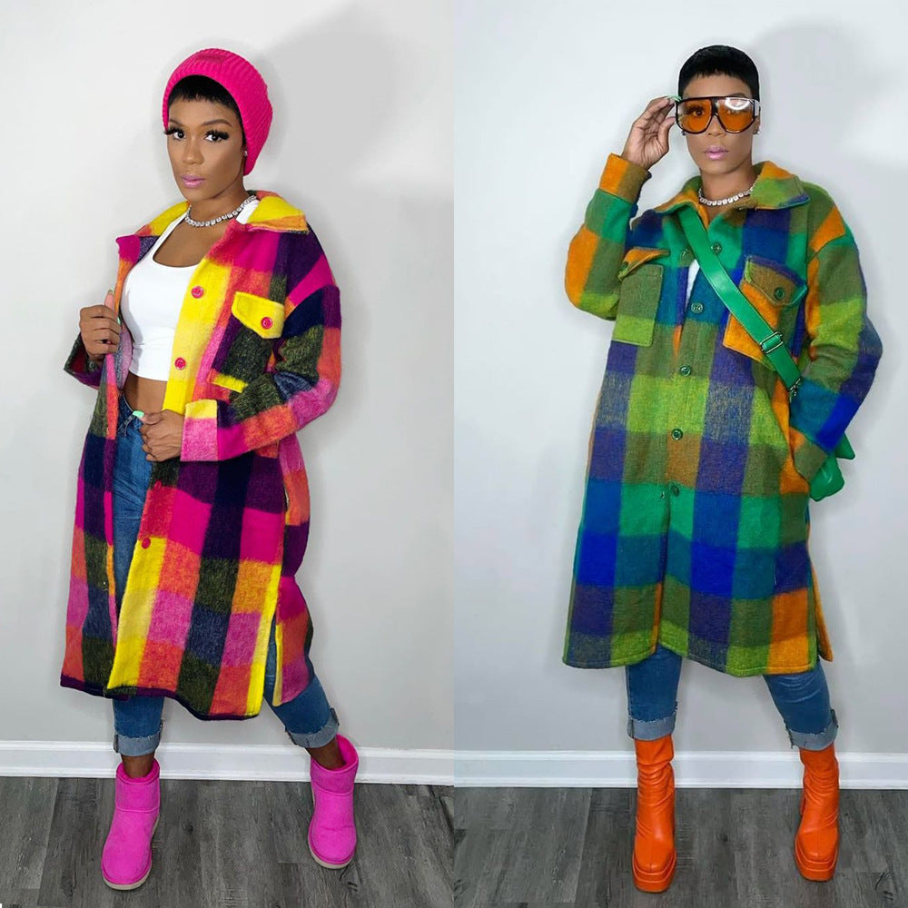 European and American Cross-border Winter Fashion Color Contrast Color Plaid Mid-length Elegant Commuter Split Coat for Women